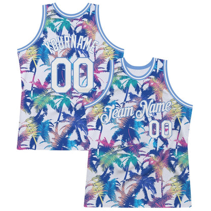 Custom White White-Light Blue 3D Pattern Hawaii Palm Trees High-quality Basketball Jersey