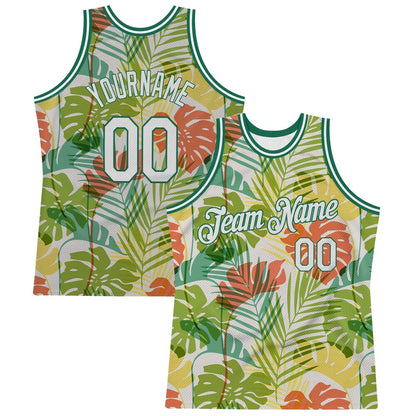 Custom White White-Kelly Green 3D Pattern Hawaii Palm Trees High-quality Basketball Jersey