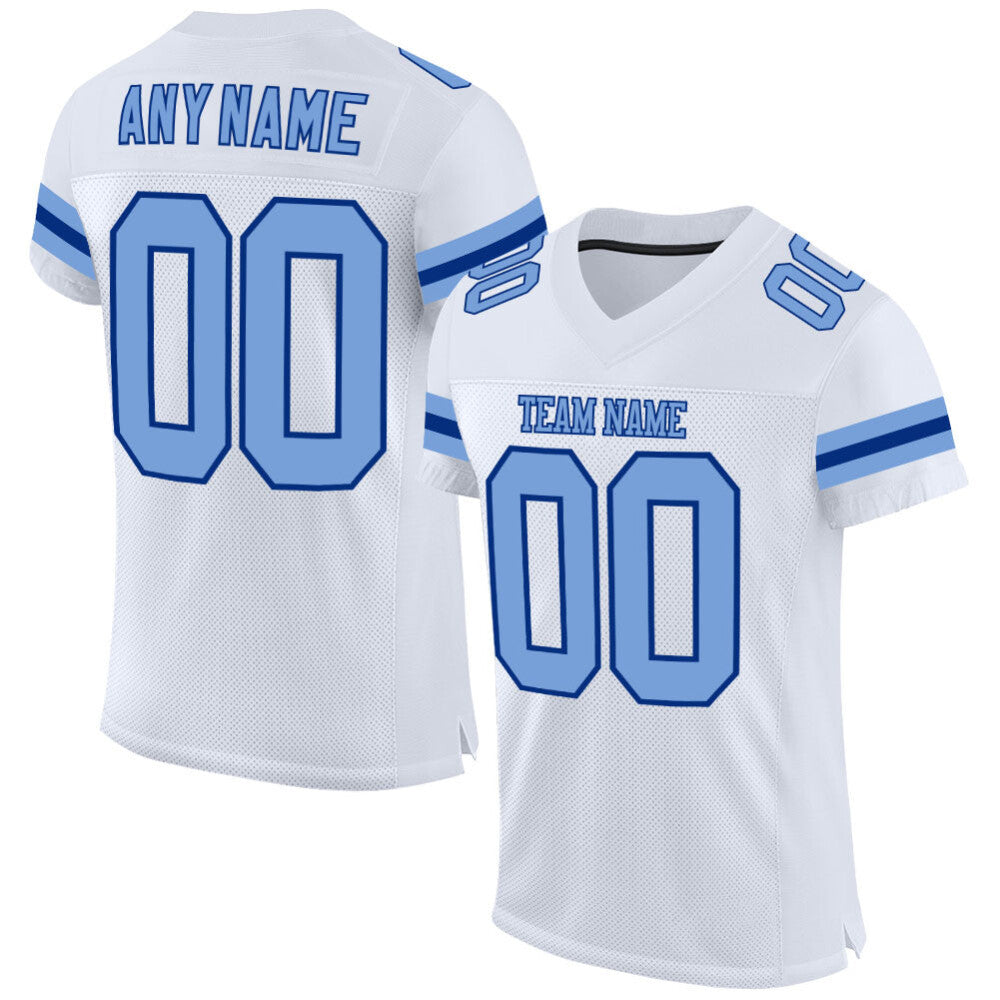 Custom White Light Blue-Royal Mesh High-quality Football Jersey