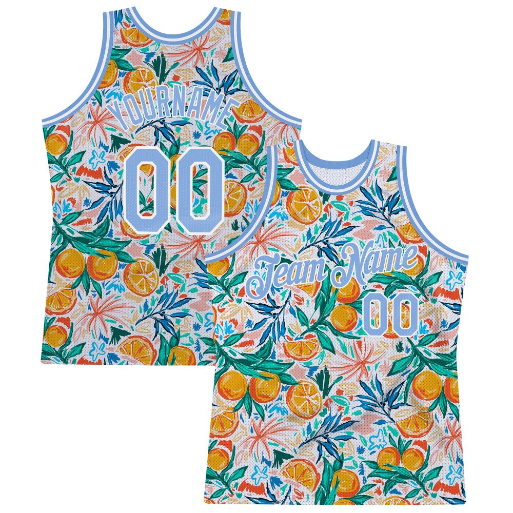 Custom White Light Blue-White 3D Pattern Design Oranges High-quality Basketball Jersey