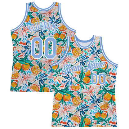 Custom White Light Blue-White 3D Pattern Design Oranges High-quality Basketball Jersey
