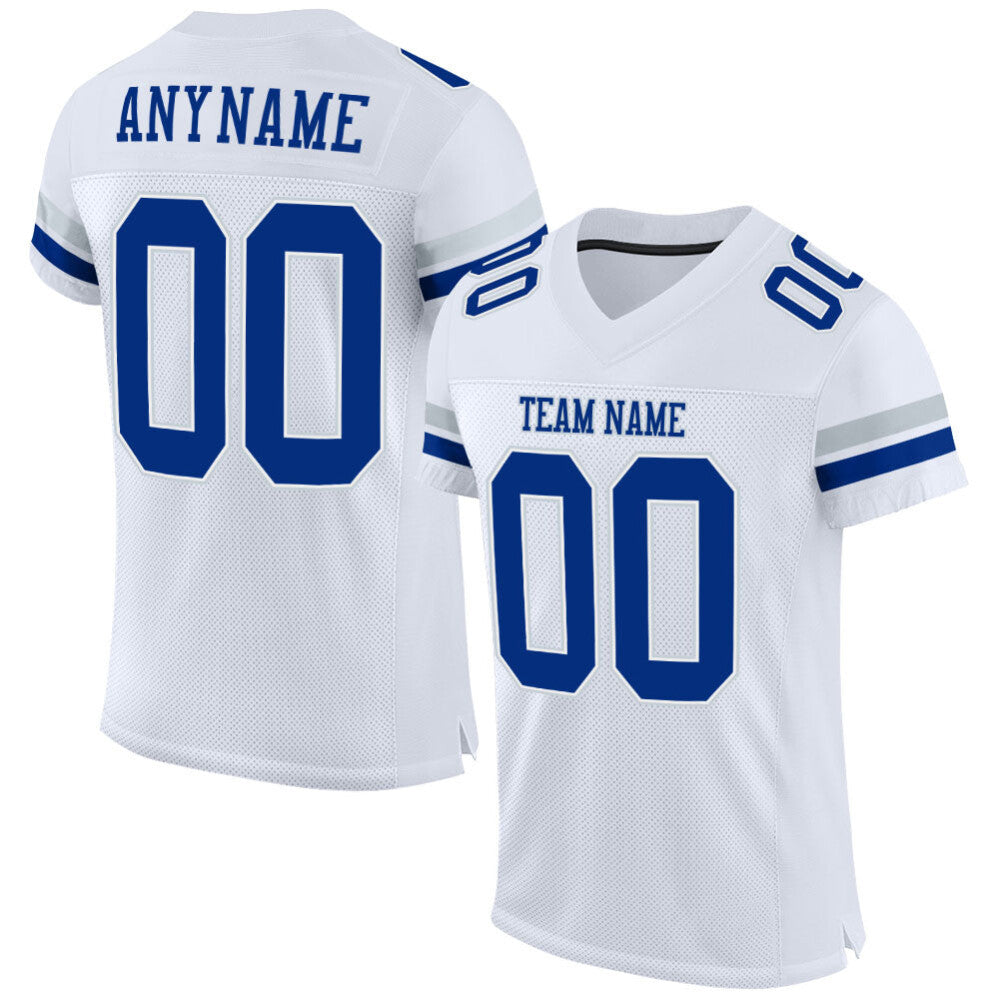 Custom White Royal-Silver Mesh High-quality Football Jersey