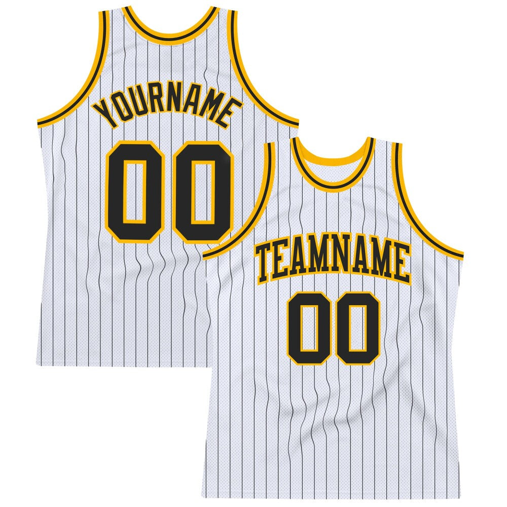 Custom White Black Pinstripe Black-Gold High-quality Basketball Jersey