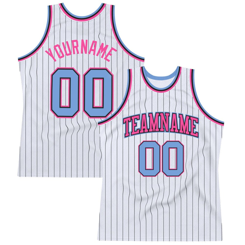 Custom White Black Pinstripe Light Blue-Pink High-quality Basketball Jersey