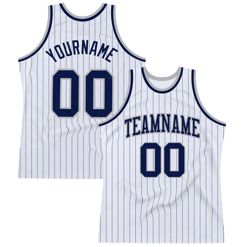 Custom White Navy Pinstripe Navy-Gray High-quality Basketball Jersey