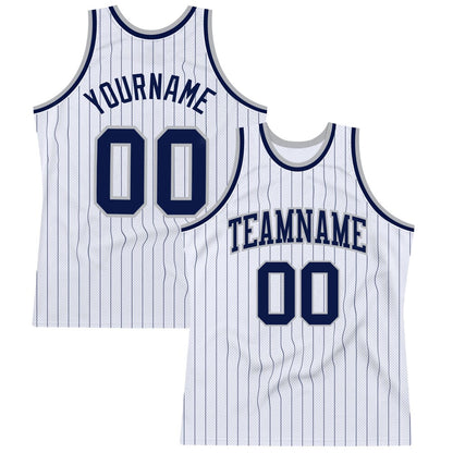 Custom White Navy Pinstripe Navy-Gray High-quality Basketball Jersey