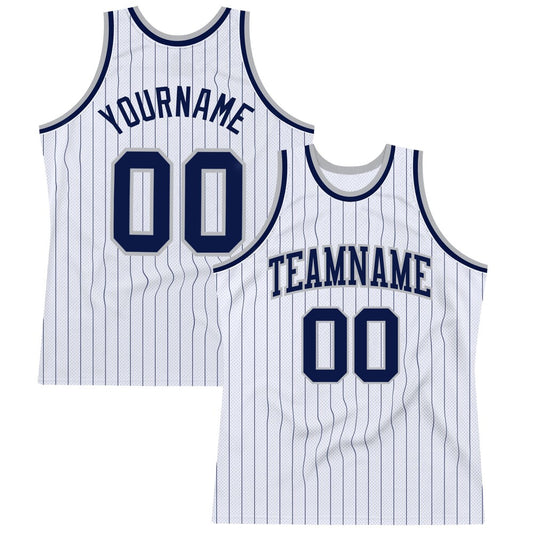 Custom White Navy Pinstripe Navy-Gray High-quality Basketball Jersey