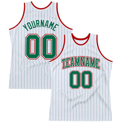 Custom White Kelly Green Pinstripe Kelly Green-Red High-quality Basketball Jersey