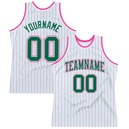 Custom White Kelly Green Pinstripe Kelly Green-Pink High-quality Basketball Jersey