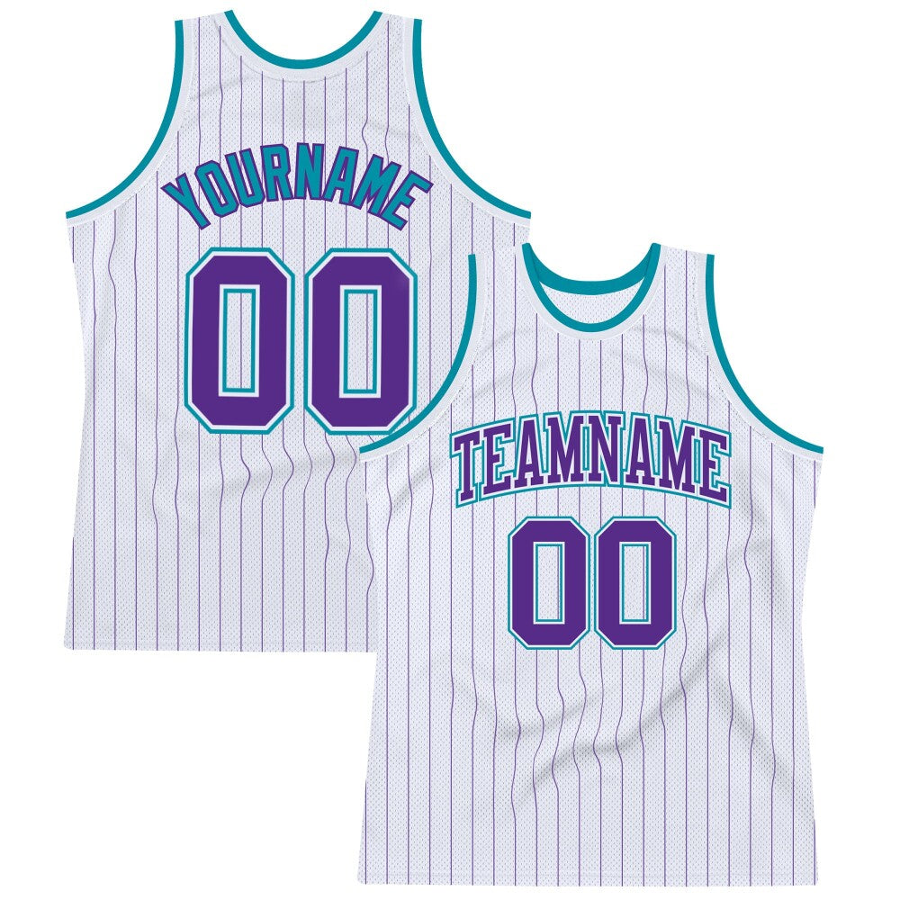 Custom White Purple Pinstripe Purple-Teal High-quality Basketball Jersey