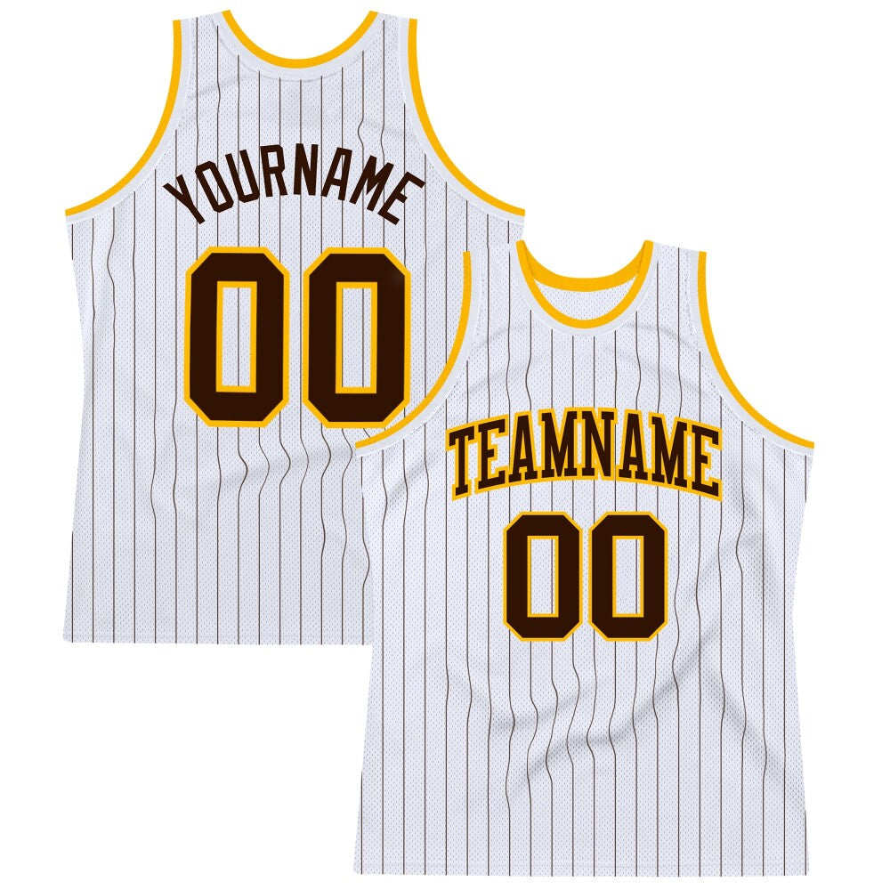 Custom White Brown Pinstripe Brown-Gold High-quality Basketball Jersey