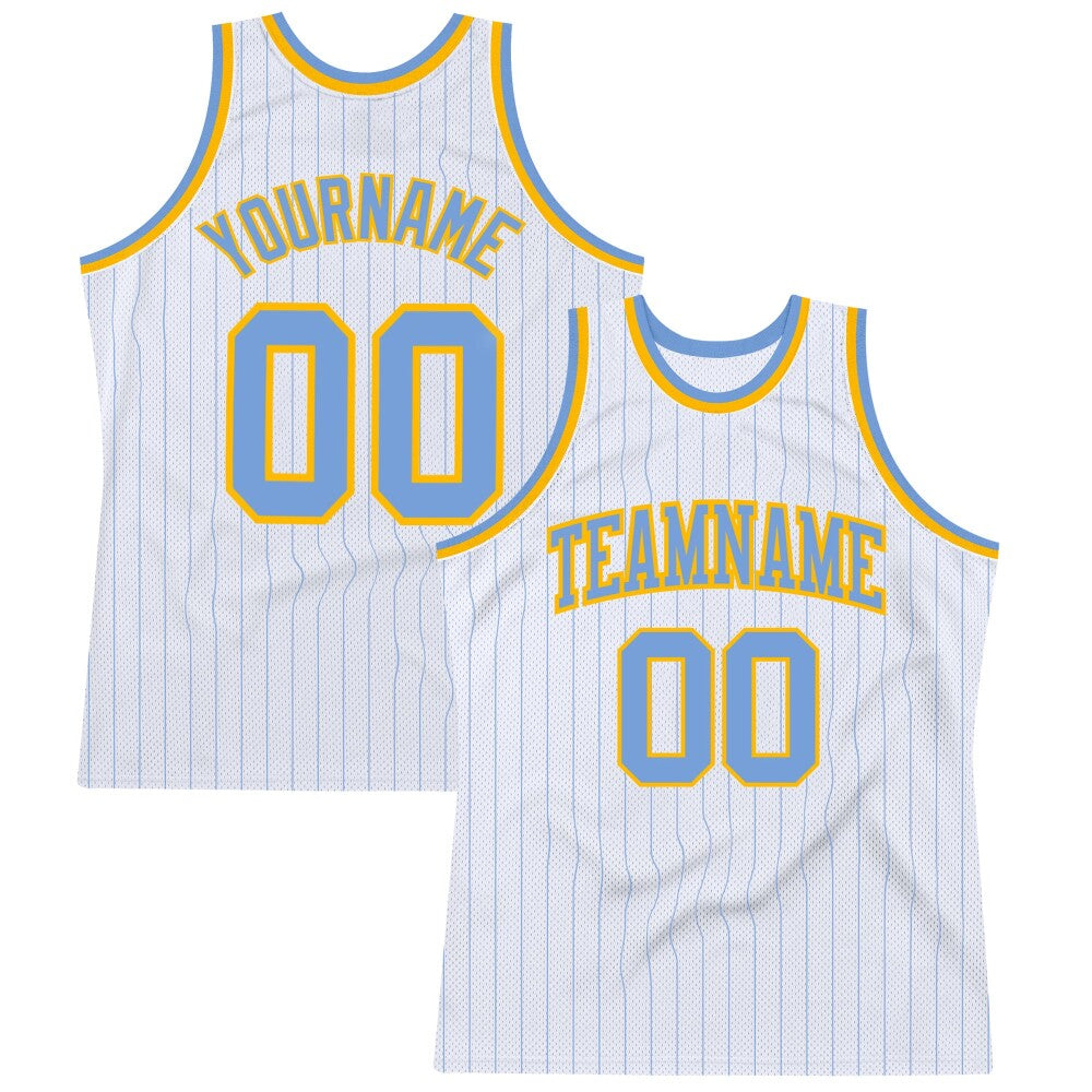 Custom White Light Blue Pinstripe Light Blue-Gold High-quality Basketball Jersey