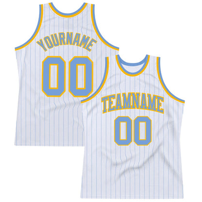 Custom White Light Blue Pinstripe Light Blue-Gold High-quality Basketball Jersey
