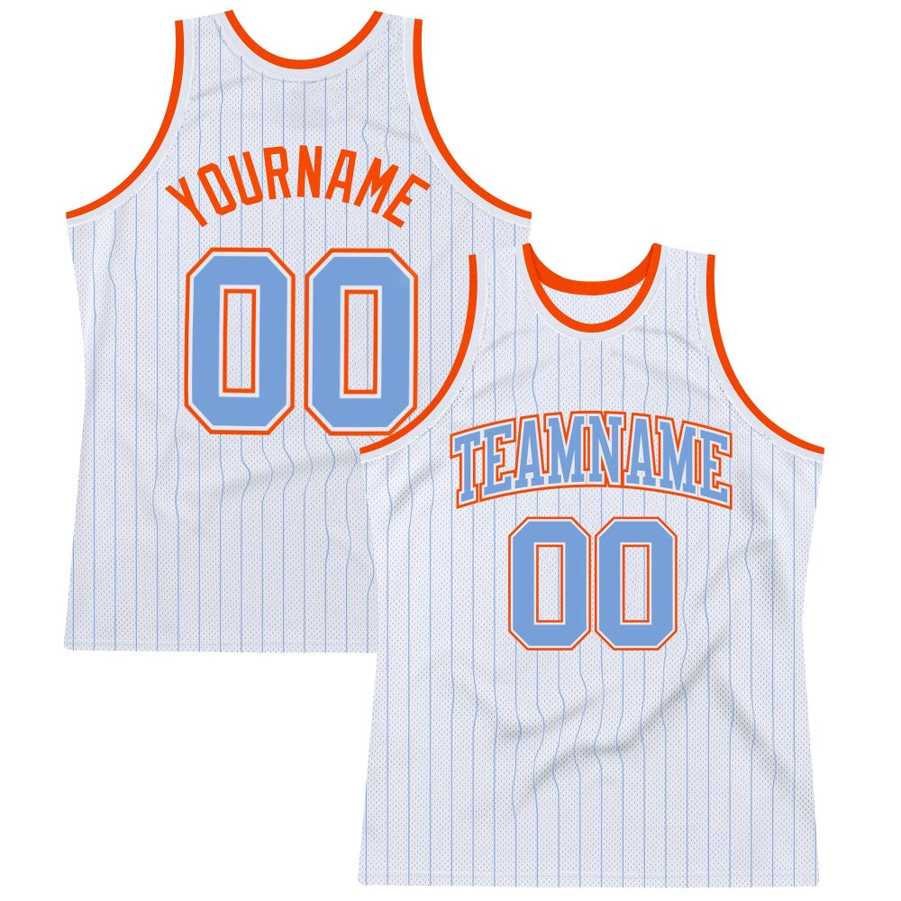 Custom White Light Blue Pinstripe Light Blue-Orange High-quality Basketball Jersey