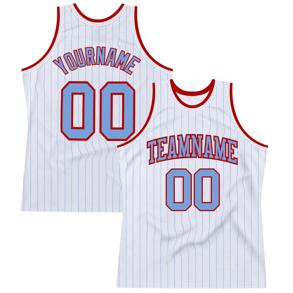 Custom White Light Blue Pinstripe Light Blue-Red High-quality Basketball Jersey