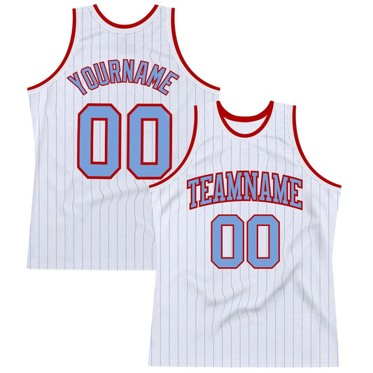 Custom White Light Blue Pinstripe Light Blue-Red High-quality Basketball Jersey