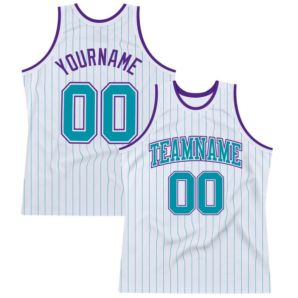 Custom White Teal Pinstripe Teal-Purple High-quality Basketball Jersey