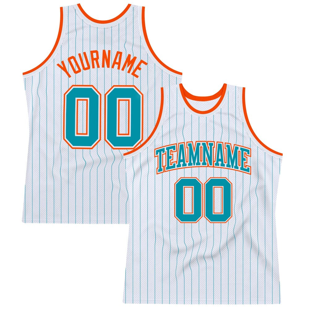 Custom White Teal Pinstripe Teal-Orange High-quality Basketball Jersey