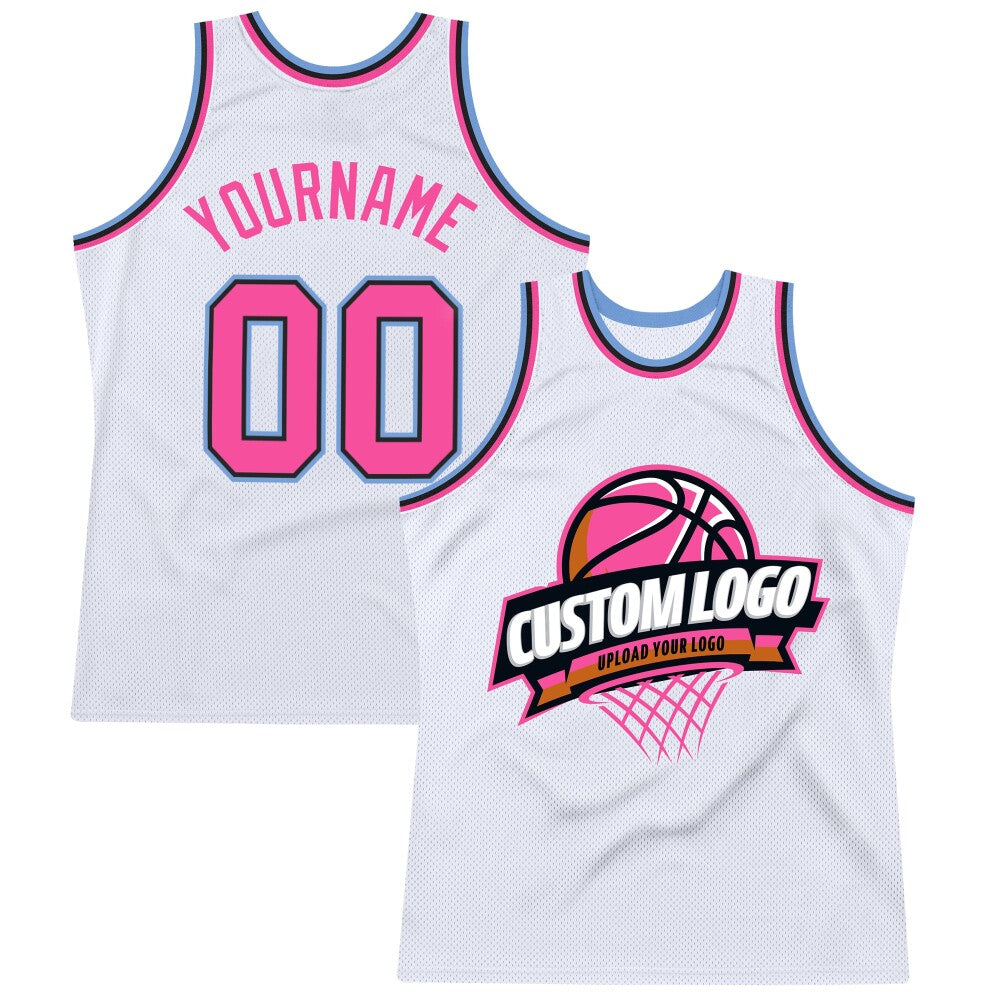 Custom White Pink Black-Light Blue High-quality Throwback Basketball Jersey