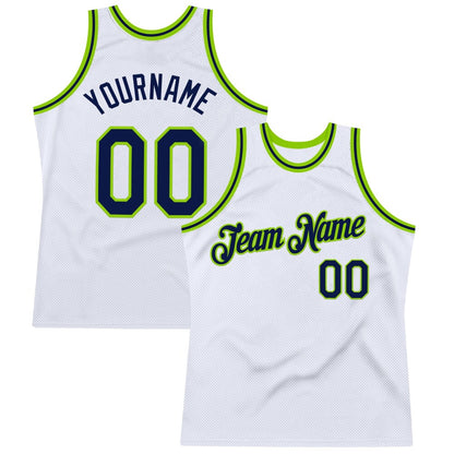 Custom White Navy-Neon Green High-quality Throwback Basketball Jersey
